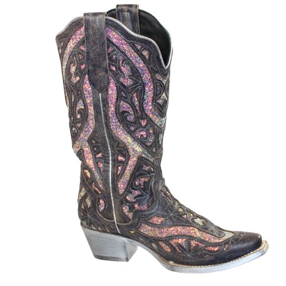 JB Dillon Reserve Black Distressed Midnight Sparkle Inlay Tall Boot Size 8.5 - Picture 2 of 12